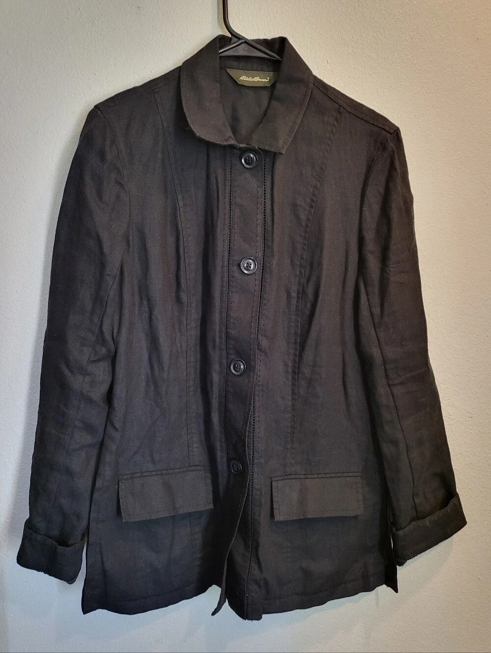 Eddie Bauer Black Linen Button Down Shirt With Eyelet Detail Women's Size M Tall